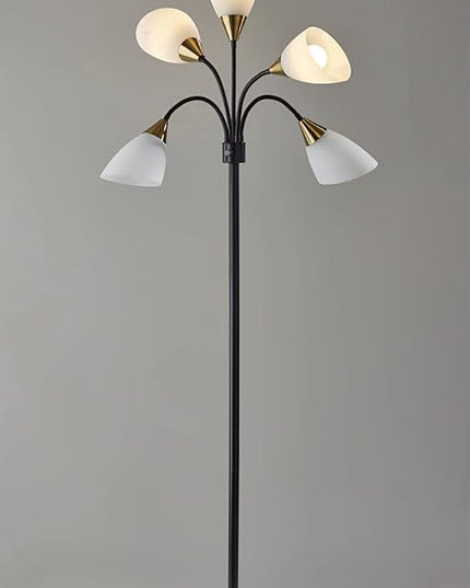 Adesso 7205-01 Multi-White Shade Floor Lamp, Adjustable Gooseneck Arms, Black w. Antique Brass Accents - LeafyLoom