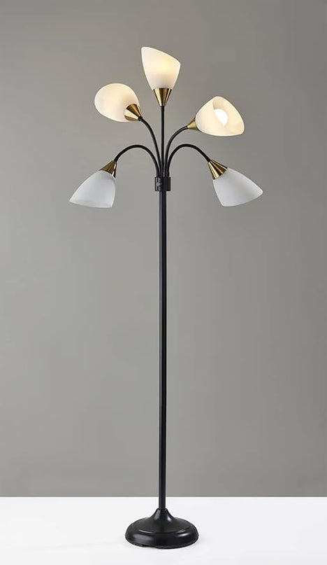 Adesso 7205-01 Multi-White Shade Floor Lamp, Adjustable Gooseneck Arms, Black w. Antique Brass Accents - LeafyLoom