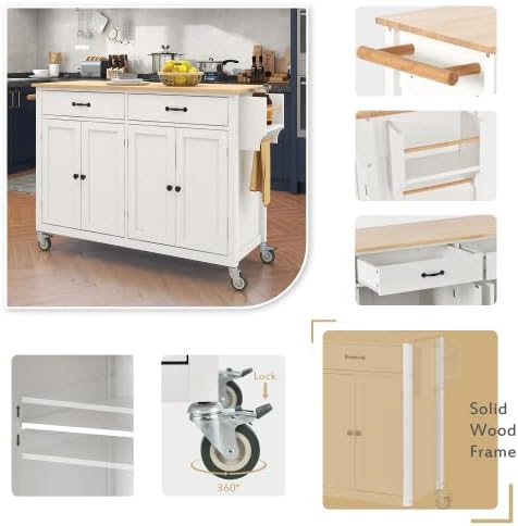 Elefesign FridayParts Kitchen Island Cart with Solid Wood Top and Locking Wheels, 54.3 Inch Width, 4 Door Cabinet and Two Drawers, Spice Rack, Towel Rack, White - LeafyLoom