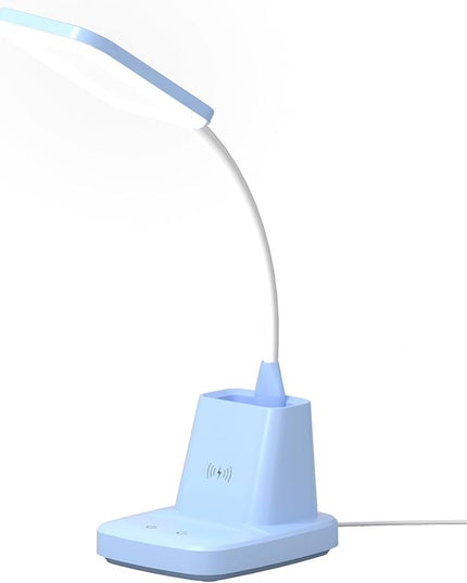 Sailstar Small Desk Lamp, Kids Desk Lamp with Pen Holder, Wireless Charger LED Desk Lamps for Home Office, 800LM Gooseneck 3 Modes Dimmable Touch Cute Desk Lamp, Blue Study Lamp for College Dorm Room - LeafyLoom
