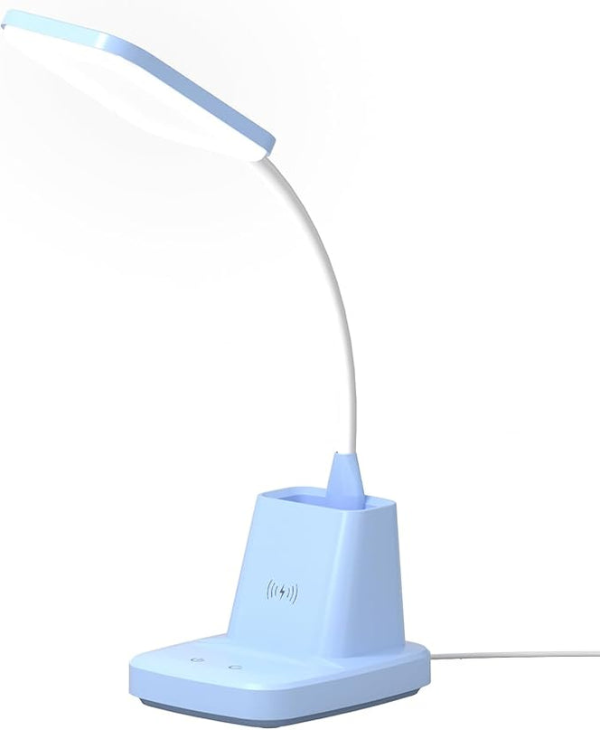 Sailstar Small Desk Lamp, Kids Desk Lamp with Pen Holder, Wireless Charger LED Desk Lamps for Home Office, 800LM Gooseneck 3 Modes Dimmable Touch Cute Desk Lamp, Blue Study Lamp for College Dorm Room - LeafyLoom