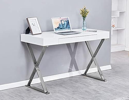 Best Master Furniture Barry Mid-Century High Gloss Home Office Desk with Gold Trim Frame, Silver - LeafyLoom