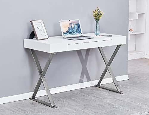 Best Master Furniture Barry Mid-Century High Gloss Home Office Desk with Gold Trim Frame, Silver - LeafyLoom
