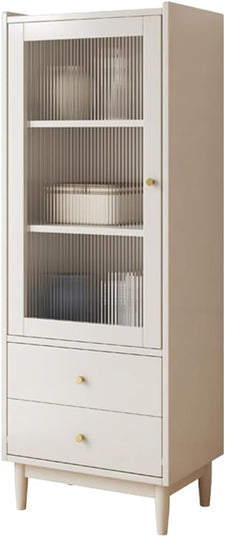 Wooden Glass Door Bookcase - 3-Tier Cube Bookshelf Storage Cabinet with Double Drawer and Adjustable Shelf, Solid Wood Legs Cupboard in Warm White - LeafyLoom