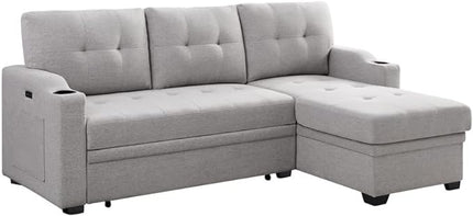 83 Inch Convertible L Shaped Sleeper Sectional Sofa Linen with Storage Chaise, Pull Out Bed, Cup Holder, USB Charging Port, Side Pocket, Reversible Corner Couch Design, 83inch, Light Grey - LeafyLoom