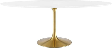 Modway Lippa 78" Oval-Shaped Mid-Century Modern Dining Table with White Wood Top and Gold Base - LeafyLoom