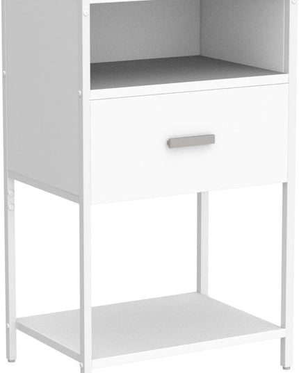 LDTTCUK Nightstand with Charging Station, Modern End Table with Drawer, White Bedside Table with Open Storage for Bedroom - LeafyLoom