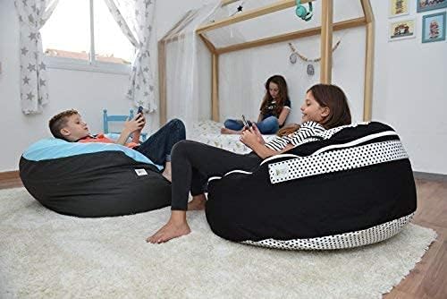 2 Sizes in 1 Stuffed Animal Storage Bean Bag Chair Cover for Kids & Adults | Washable XL Stuffie Seat | 100% Cotton | Pouf Organizer for Plush Toys, Linens, Quilts & Pillows | Black & White - LeafyLoom