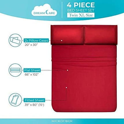 DREAMCARE Twin XL Sheet Sets - Cooling Bed Sheets - 4pcs Set - up to 15" Deep Pocket Twin XL Sheets - XL Twin Sheet Set – Soft & Long Lasting 100% Fine Brushed Polyester with Side Pocket - Burgundy - LeafyLoom