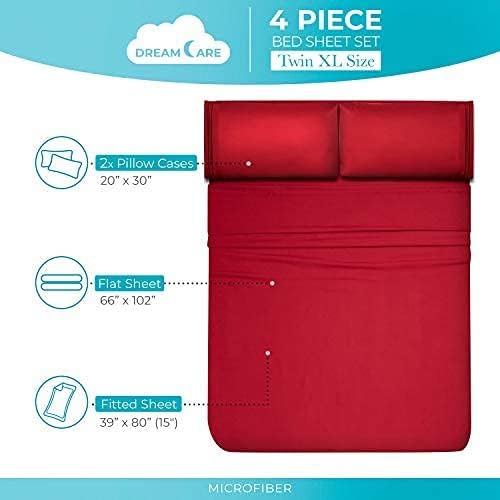 DREAMCARE Twin XL Sheet Sets - Cooling Bed Sheets - 4pcs Set - up to 15" Deep Pocket Twin XL Sheets - XL Twin Sheet Set – Soft & Long Lasting 100% Fine Brushed Polyester with Side Pocket - Burgundy - LeafyLoom