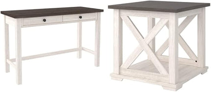 Signature Design by Ashley Dorrinson Modern Farmhouse 47" Home Office Desk with 2 Drawers, Whitewash & Dorrinson Square Modern Farmhouse End Table, Two Tone White & Brown - LeafyLoom