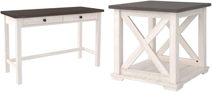 Signature Design by Ashley Dorrinson Modern Farmhouse 47" Home Office Desk with 2 Drawers, Whitewash & Dorrinson Square Modern Farmhouse End Table, Two Tone White & Brown - LeafyLoom