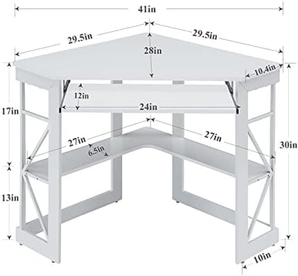 VECELO Corner Computer Desk Writing Smooth Keyboard Tray & Storage Shelves,Compact Home Office Triangle Table, White - LeafyLoom