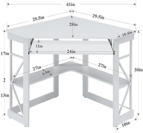 VECELO Corner Computer Desk Writing Smooth Keyboard Tray & Storage Shelves,Compact Home Office Triangle Table, White - LeafyLoom