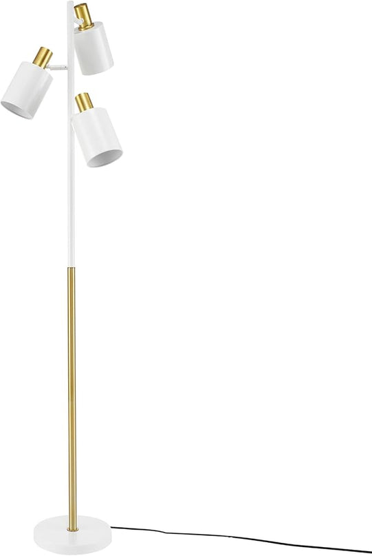 Globe Electric 65538 67" 3-Light Floor Lamp, Matte White, Antique Brass Accents, Pivoting Lamp Heads, in-Line On/Off Foot Switch, Floor Lamp for Living Room, Floor Lamp for Bedroom, Home Improvement - LeafyLoom