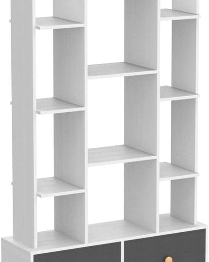 Unikito Bookshelf with 2 Drawers Free Standing Bookcase, Office Storage Shelf Organizer with 12 Open Bookshelves, Industrial Wood Book Case Display Rack for Bedroom, Living Room, Home Office, White - LeafyLoom