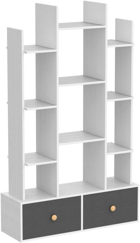 Unikito Bookshelf with 2 Drawers Free Standing Bookcase, Office Storage Shelf Organizer with 12 Open Bookshelves, Industrial Wood Book Case Display Rack for Bedroom, Living Room, Home Office, White - LeafyLoom