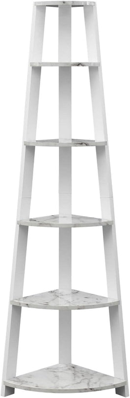 Convenience Concepts Newport 5-Tier Corner Bookshelf, White Faux Marble/White - LeafyLoom