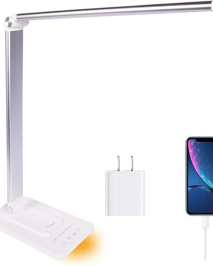 LED Desk Lamp, Stepless Dimmable Eye-Caring Lamps with Night Light USB Charging Port 5 Color Modes and 5 Brightness Levels, 30 min Auto Timer, Adjustable Lamps for Home Office Bedroom, White - LeafyLoom