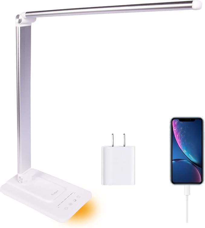 LED Desk Lamp, Stepless Dimmable Eye-Caring Lamps with Night Light USB Charging Port 5 Color Modes and 5 Brightness Levels, 30 min Auto Timer, Adjustable Lamps for Home Office Bedroom, White - LeafyLoom