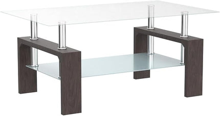 Walnut Rectangular Coffee Table, 39.5in x 23.5in x 17.5in, Glass Tabletop with Lower Shelf, Adjustable Bottom Corners - LeafyLoom