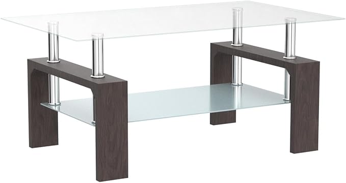 Walnut Rectangular Coffee Table, 39.5in x 23.5in x 17.5in, Glass Tabletop with Lower Shelf, Adjustable Bottom Corners - LeafyLoom