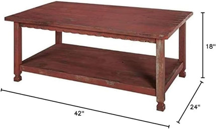 Rustic Rectangluar Coffee Table with 1 Shelf, Red Antique - LeafyLoom