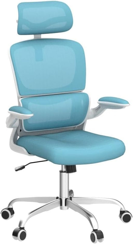 Ergonomic Office Chair, High Back Mesh Desk Chair with Lumbar Support and Adjustable Headrest, Computer Gaming Chair with Flip-up Armrests, Executive Swivel Chair for Home Office (Blue) - LeafyLoom