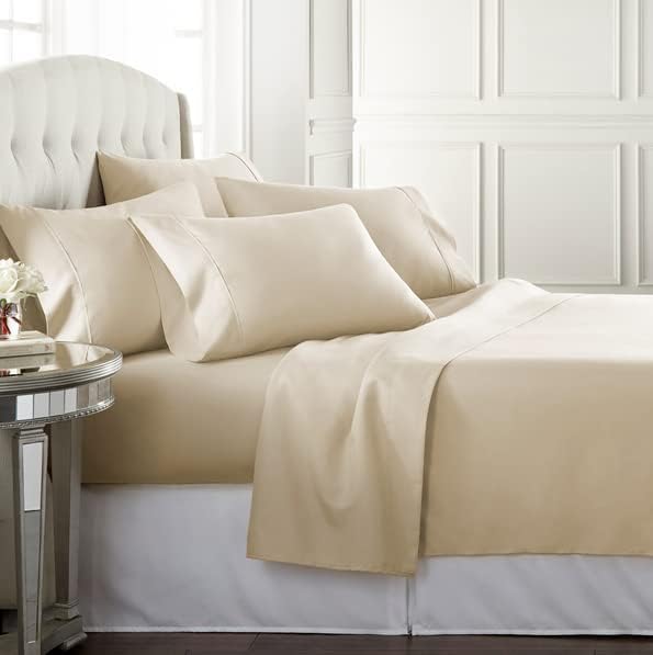 Danjor Linens California King Sheet Set - 6 Piece Set Including 4 Pillowcases - Deep Pockets - Breathable, Soft Bed Sheets - Wrinkle Free - Machine Washable - Cream Cal King Bed Sheets - 6 pc - LeafyLoom