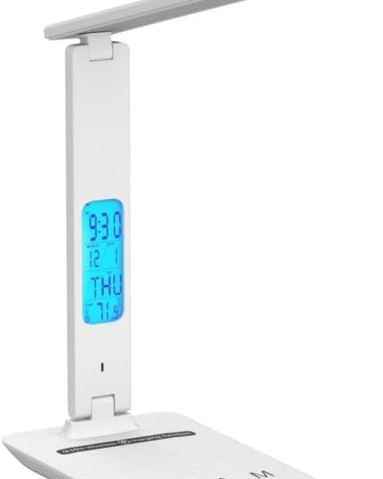 LAOPAO LED Desk Lamp with Wireless Charger, USB Charging Port, Adjustable Foldable Table Lamp with Clock, Alarm, Date, Temperature, 5-Level Dimmable Lighting, Office Lamp with Adapter, White - LeafyLoom