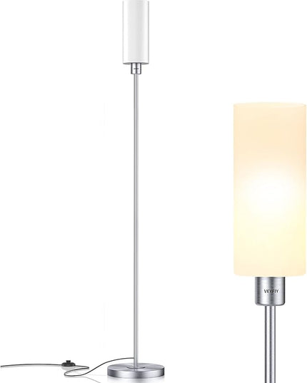 Floor Lamp for Living Room, Glass Lampshade Modern Standing Floor Lamp, 68 Inches Tall with E26 Socket for Office, Bedroom, reading or work - Silver with White Lampshade (Bulb Not Included) - LeafyLoom