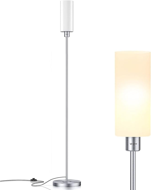 Floor Lamp for Living Room, Glass Lampshade Modern Standing Floor Lamp, 68 Inches Tall with E26 Socket for Office, Bedroom, reading or work - Silver with White Lampshade (Bulb Not Included) - LeafyLoom