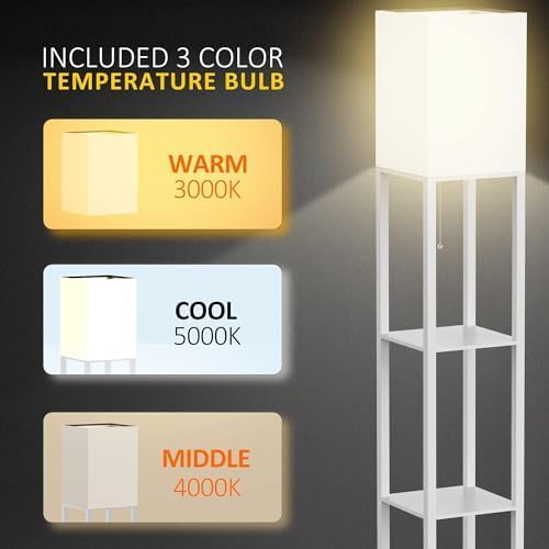 PAZZO Floor Lamp with Shelves by Solid Wood, Modern Shelf Floor Lamp with 3 Color Temperature, Linen Lampshade and Storage Shelves for Living Room, Bedroom, Bulb Included(White) - LeafyLoom