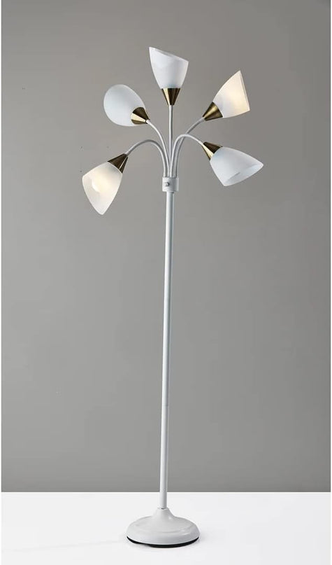 Adesso 7205-02 Multi-White Shade Floor Lamp, Adjustable Gooseneck Arms, White w. Antique Brass Accents - LeafyLoom