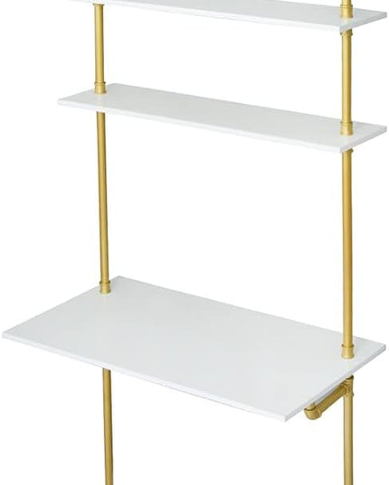 MAIKAILUN White and Gold Desk, 36" Ladder Desk, Wall Mount Computer Writing Table Pipe Shelf Shelving Mini Narrow Industrial Modern for Small Spaces(36x20x81) - LeafyLoom