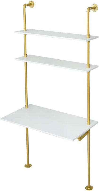 MAIKAILUN White and Gold Desk, 36" Ladder Desk, Wall Mount Computer Writing Table Pipe Shelf Shelving Mini Narrow Industrial Modern for Small Spaces(36x20x81) - LeafyLoom
