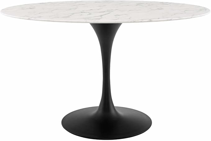 Modway Lippa 54" Oval-Shaped Mid-Century Modern Dining Table with Artificial Marble Top and Black Base - LeafyLoom
