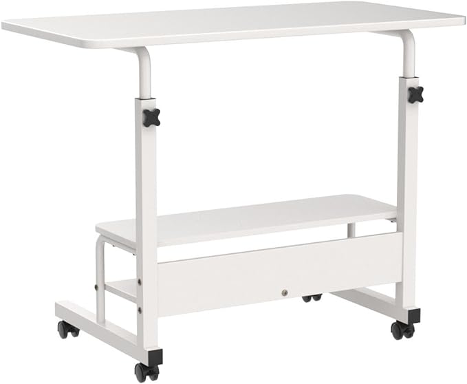 Adjustable White Home Office Desk with Storage and Detachable Wheels - 15.7 x 31.5 Inch - LeafyLoom