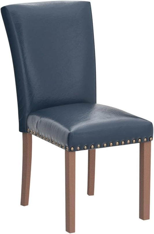 COLAMY Upholstered Parsons Dining Chairs Set of 2, PU Leather Dining Room Kitchen Side Chair with Nailhead Trim and Wood Legs - Blue - LeafyLoom