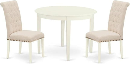 East West Furniture BOBR3-WHI-02 3 Piece Modern Dining Table Set Contains a Round Kitchen Table and 2 Light Beige Linen Fabric Parson Dining Room Chairs, 42x42 Inch, Linen White - LeafyLoom