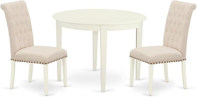 East West Furniture BOBR3-WHI-02 3 Piece Modern Dining Table Set Contains a Round Kitchen Table and 2 Light Beige Linen Fabric Parson Dining Room Chairs, 42x42 Inch, Linen White - LeafyLoom