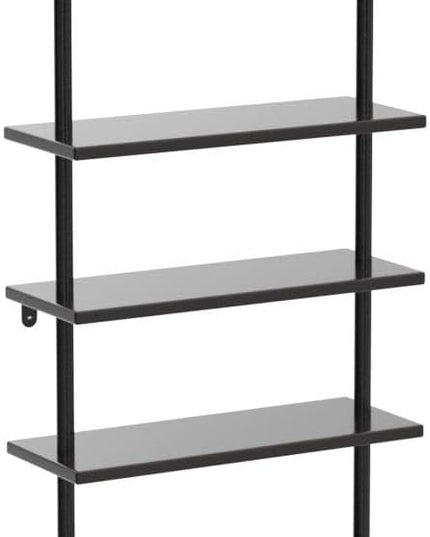 Ladder Shelf Bookcase 5 Tier, Extra Sturdy Modern Bookshelf Wall Mounted, Tall Black Open Book Shelf, Standing Industrial Metal Frame with Wooden Shelves - LeafyLoom