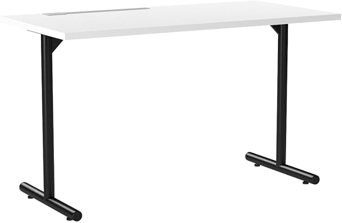 Sunon Home Office 47" Computer Desk Wood Writing Table with Cable Managemant, Black Metal Frame, White - LeafyLoom