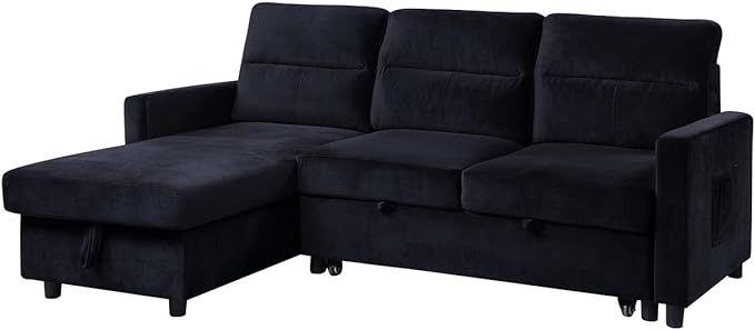 Reversible Velvet Sectional Sofa Sleeper with Storage Chaise and Side Pocket, Convertible Pull Out Couch Bed w/Cup Holder, USB Charging Port, Black, 81.5 - LeafyLoom