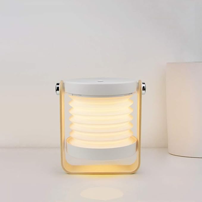 4-in-1 Foldable Table Lamp,USB Retractable LED Light,Wooden Handle Portable Lantern Light and Flashlight,Touch Control Dimmable 3 Level Brightness Night Light for Reading, Outdoor Camping (White) - LeafyLoom