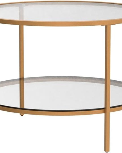 VINGLI 25.6" Round Gold Coffee Tables for Living Room, 2-Tier Glass Top Coffee Table with Storage Clear Coffee , Simple & Modern Center Table for Small Space - LeafyLoom