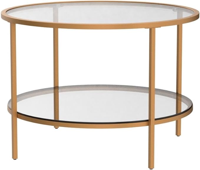 VINGLI 25.6" Round Gold Coffee Tables for Living Room, 2-Tier Glass Top Coffee Table with Storage Clear Coffee , Simple & Modern Center Table for Small Space - LeafyLoom