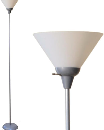 Stand Up Floor Lamp in Silver - Stylish and Functional Torchiere with Opal White Cone Shade, 70-Inch Tall Lamp Ideal for Living Rooms and Bedrooms - Contemporary Floor Lamps for Living Room - LeafyLoom