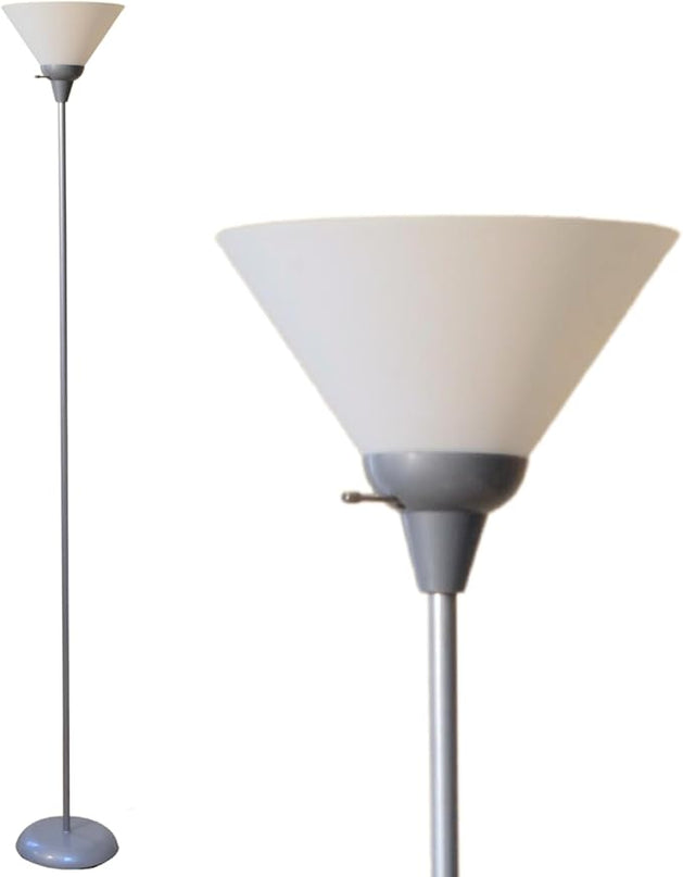 Stand Up Floor Lamp in Silver - Stylish and Functional Torchiere with Opal White Cone Shade, 70-Inch Tall Lamp Ideal for Living Rooms and Bedrooms - Contemporary Floor Lamps for Living Room - LeafyLoom