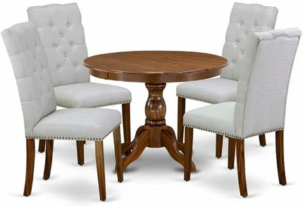 East West Furniture Hartland 5 Piece Set Includes a Round Dining Room Table with Pedestal and 4 Grey Linen Fabric Upholstered Chairs, 42x42 Inch, Walnut - LeafyLoom